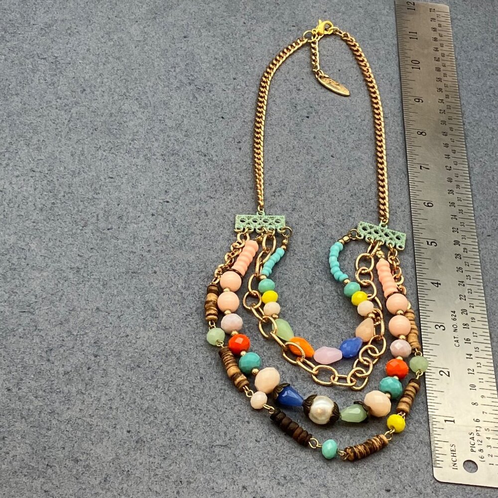 Plunder Layered Beaded Necklace 20 In As Is Multicolor Beads Gold Chains Retro - Picture 6 of 9